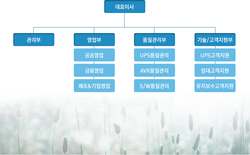 
대표이사, 감사, 
관리부,회계경리,총무,자재구매,
영업부,공공영업,금융권영업,제조기업영업
품질관리부, UPS품질관리,AVR품질관리, S/W품질관리
기술/고객지원부, UPS고객지원,임대고객지원,유지보수고객지원
	